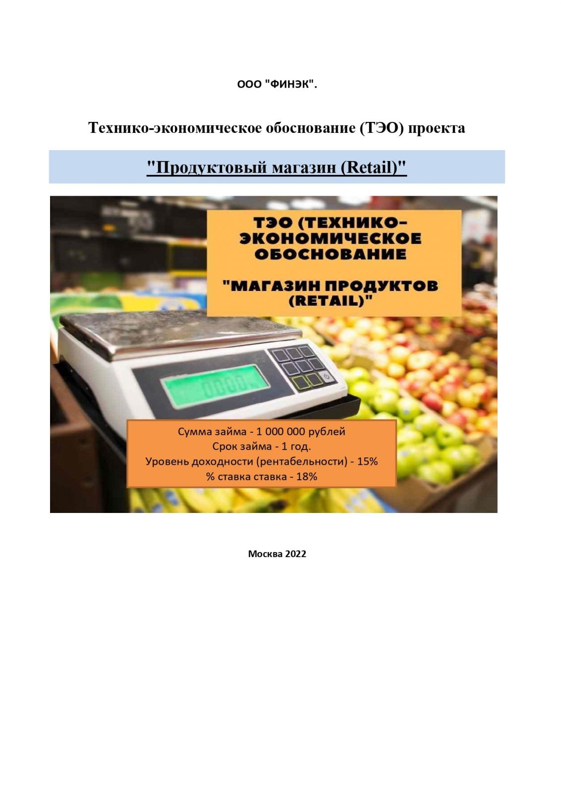 Технико-экономическое обоснование (ТЭО) EXELE, Продуктовый магазин  (Retail), 1 год, кредит - 1 млн. рублей с ПДДС